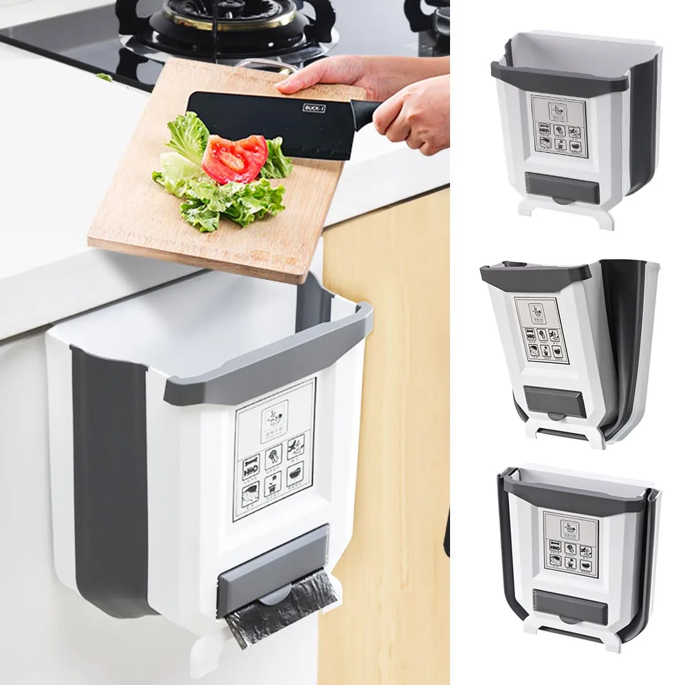 Wall Mounted Folding Waste Bin Kitchen Cabinet Door Hanging Trash Bin Garbage Car Trash Can Wall Mounted Foldable Cleaning