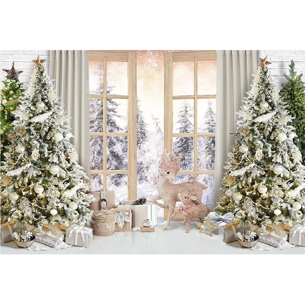 Xmas Window Kids Cake Smash Background Photocall Christmas Tree Winter White Pine Forest Backdrop Adult Birthday Portrait Studio