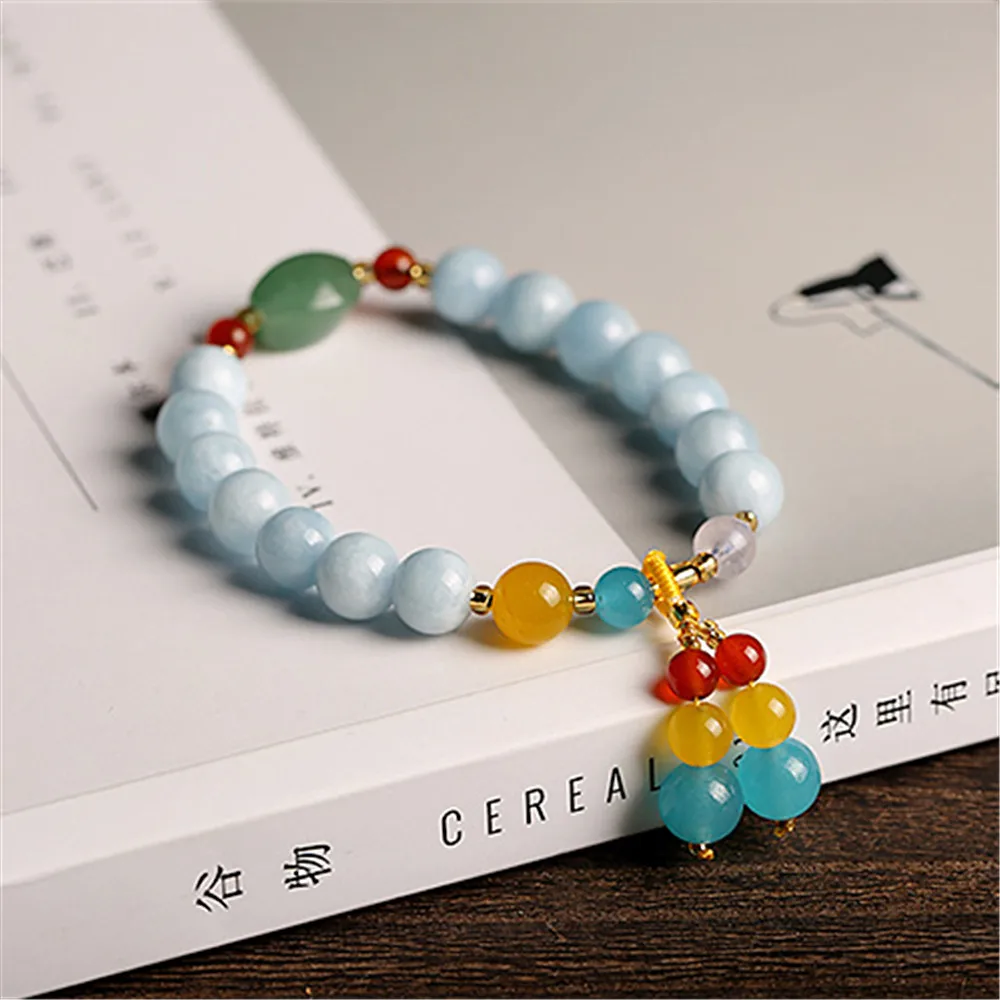 

Handmade Natural Gemstone Aquamarine Bead Bracelet Vintage Charm Round Chain Agate Bracelet For Women Girls Jewelry DIY Making