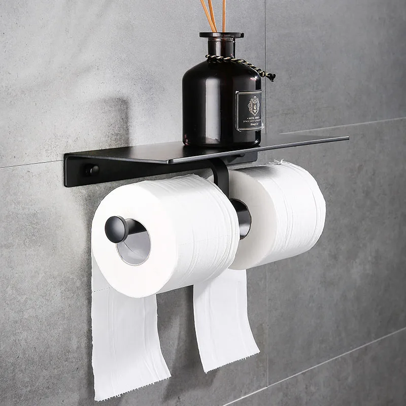 Tuqiu Black Paper Holder with Phone shelf  Double Toilet Paper roll Holder  Aluminum Double Paper Holder Tissue Boxes