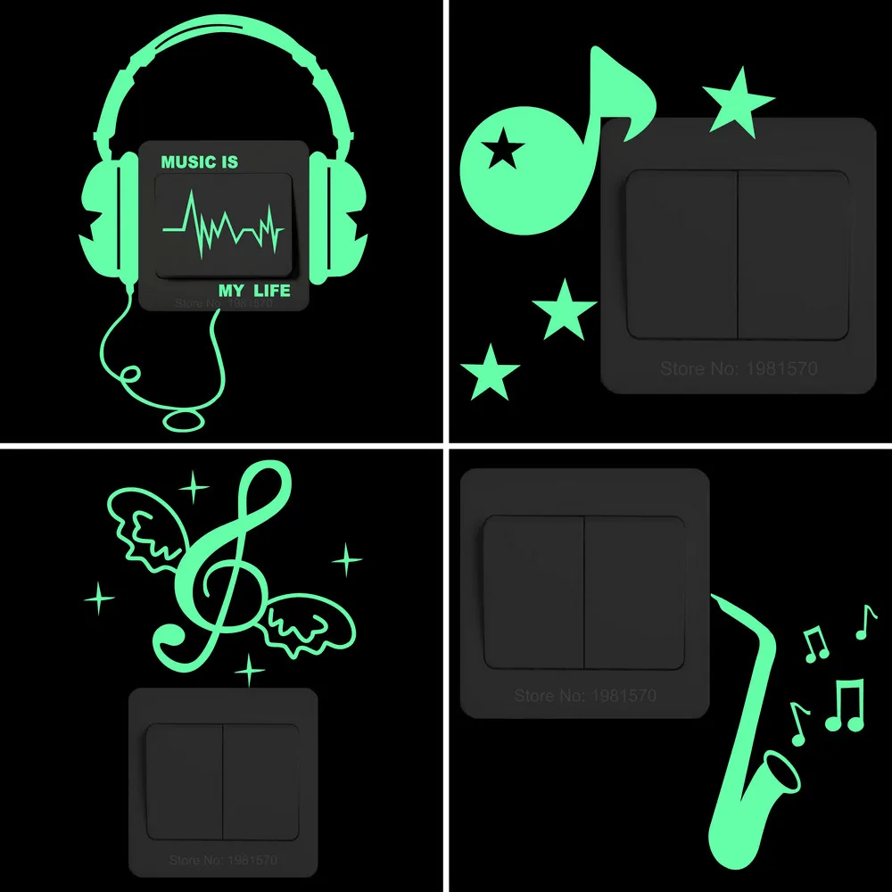 Glow Music Stickers Kids Room Wall Switch Fridge Decoration Musical Art Decal: Violin/Piano/Saxophone/Trombone/Clarinet/Guitar..