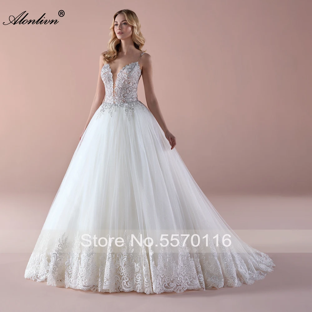 Alonlivn – robe de mariée en Tulle soyeux, longueur au sol, élégante, perles et cristaux, bretelles Spaghetti