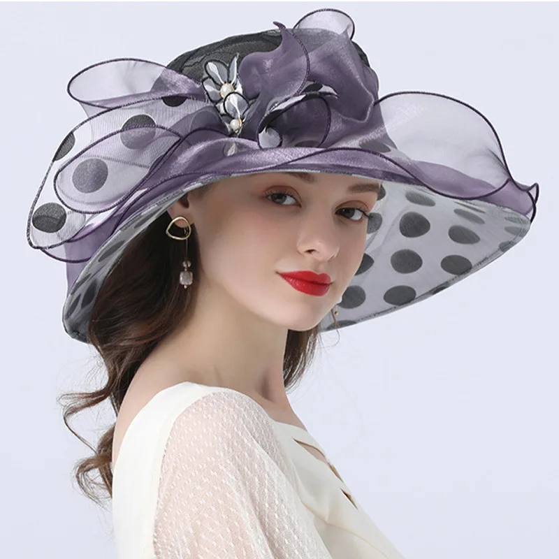 Women Summer Hat Black Dot Pattern Ruffle wide Brim Ladies Organza Hat Packable Sun Beach Hat Wedding Party Race Derby Dress Hat