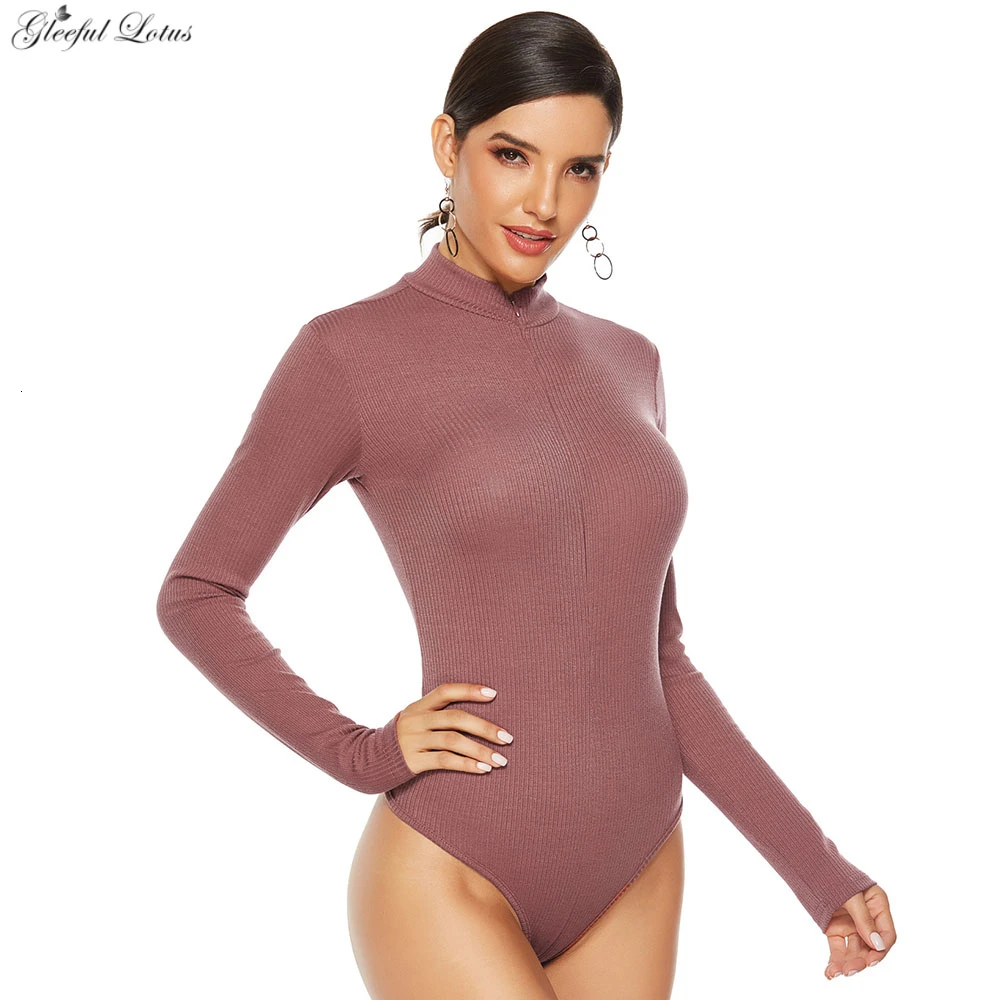 Sexy Knitted Bodysuits Plus Size Jumpsuits Bodycon Long Sleeve Women Spring Autumn Romper Tops Zipper Up Stand Collar 2019 New