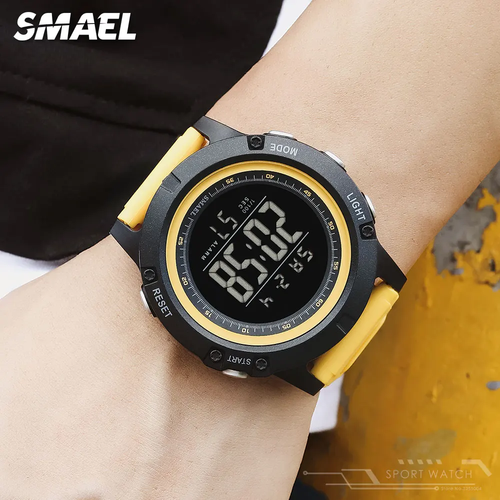 SMAEL Electronic LED Digital Watch for Men Waterproof Auto Date Week Unisex Wristwatch for Women Yellow Sport Watches Lady 1902