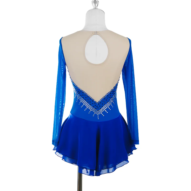 ZAGITOVA Royal Blue Figure Skating Dress Women Girls Ice Skating Skirt V-neck Stripe Rhinestones Mesh Skirt