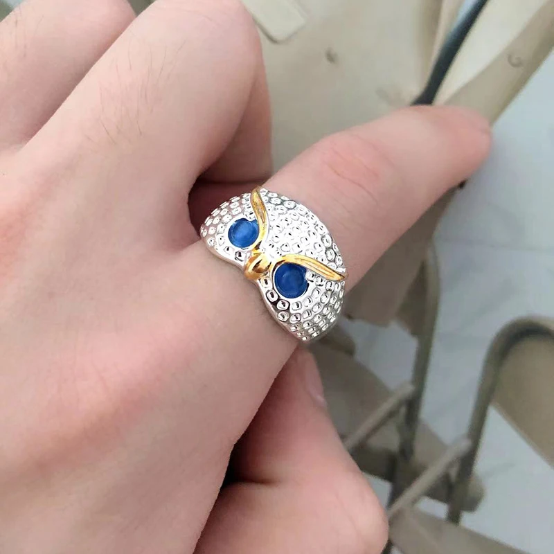 Cute Rhinestone Owl Ring Blue Eyes Simple Style Girl Woman Popular Ring Fashion Men Jewelry Gifts Adjustable