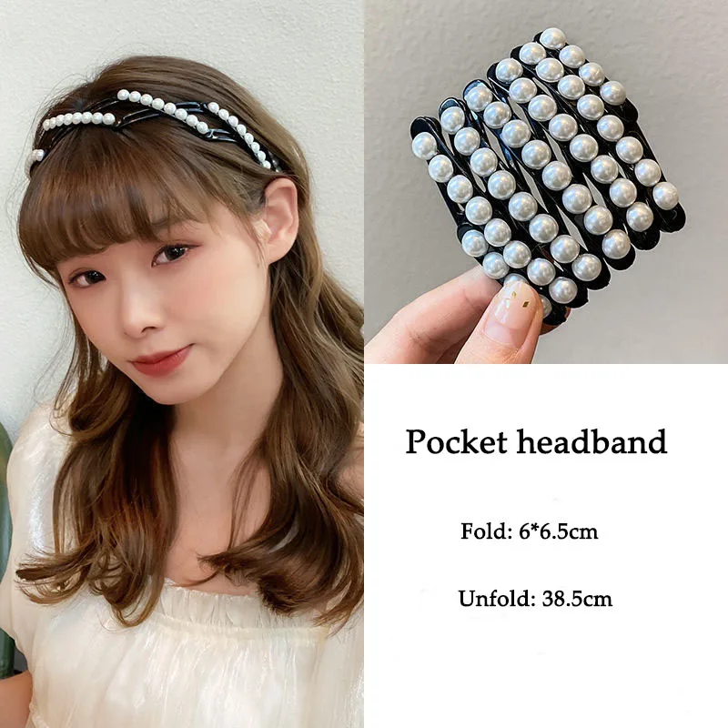 

Elegant Pearl Rhinestone Hair bands Foldable Retractable Headband Portable Pocket Headband Woman Headdress Hair Accessories