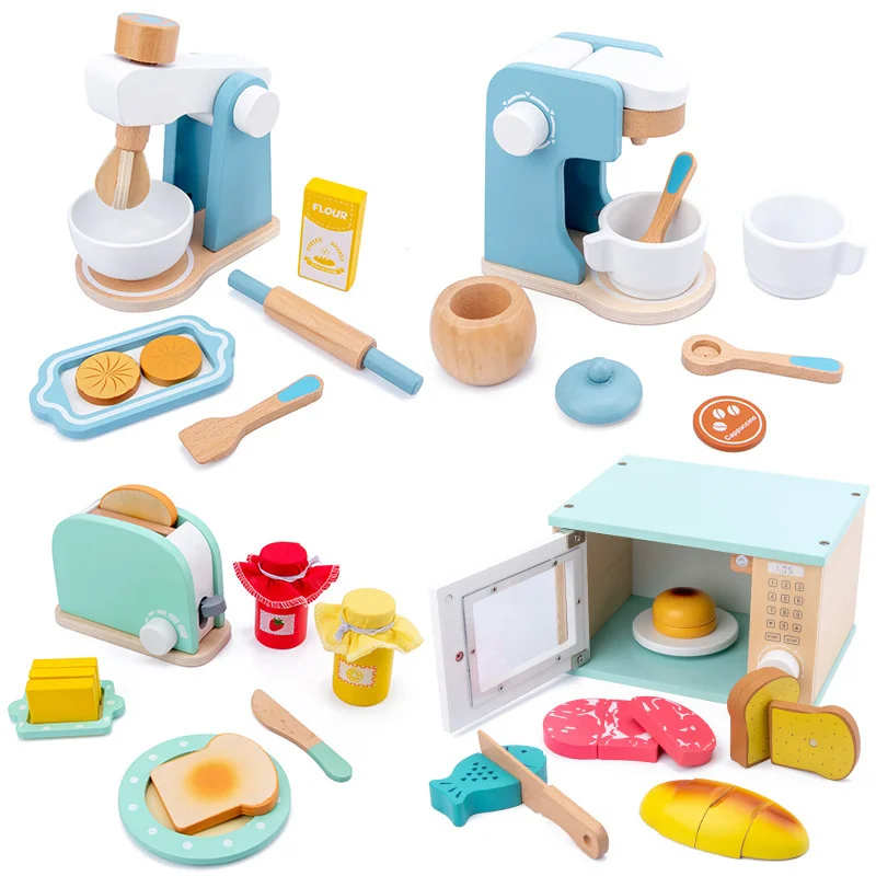 Kids Wooden Pretend Play Sets Simulation Toasters Maker Coffee Machine Blender Baking Kit Game Kitchen Role Educational Toys