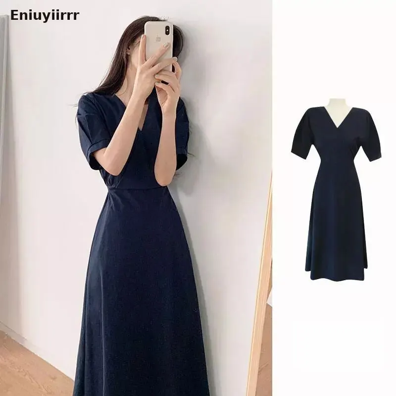 

Korea Chic Dress 2021 Summer Holiday Date Girls V Neck Draped Sweet Romantic Blue Pink Women Long Dresses Vestidos