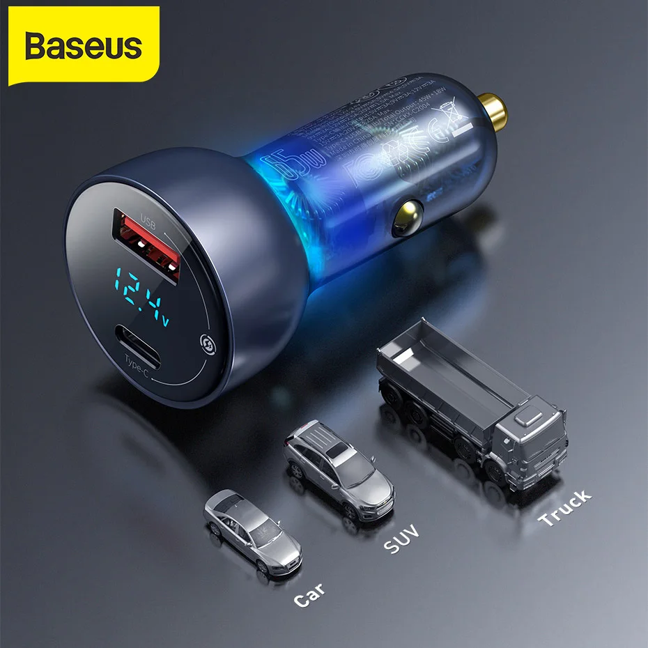 

Baseus 65W QC+PPS Dual Quick Charger Type C Fast Charging Car Charger For Mobile Phone Tablet Laptop Charge Auto Charger Adapter