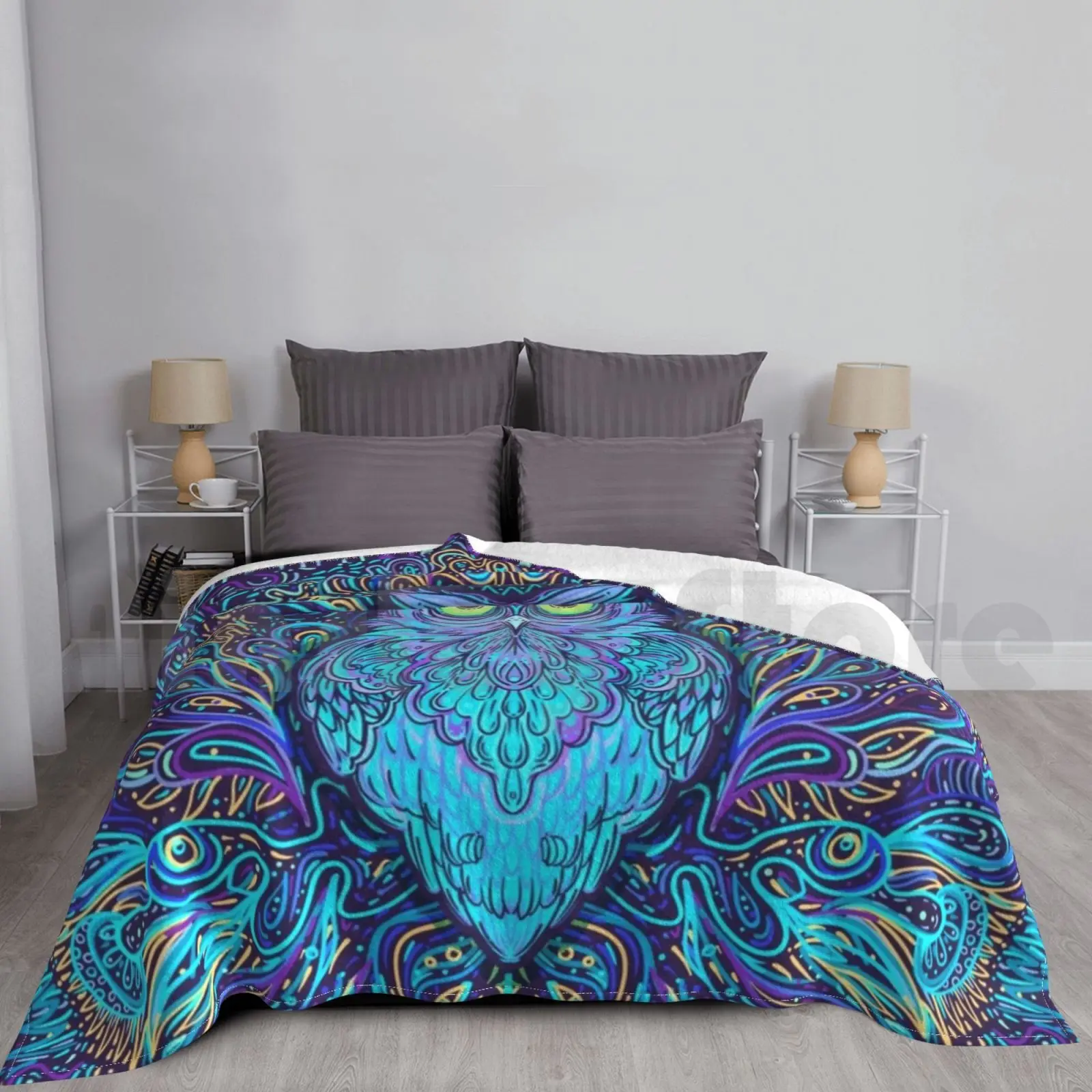 

Mystical Night Owl Blanket For Sofa Bed Travel Owl Psychedelic Bird Bird Owl Colorful Mehndi Henna Indian Hindu