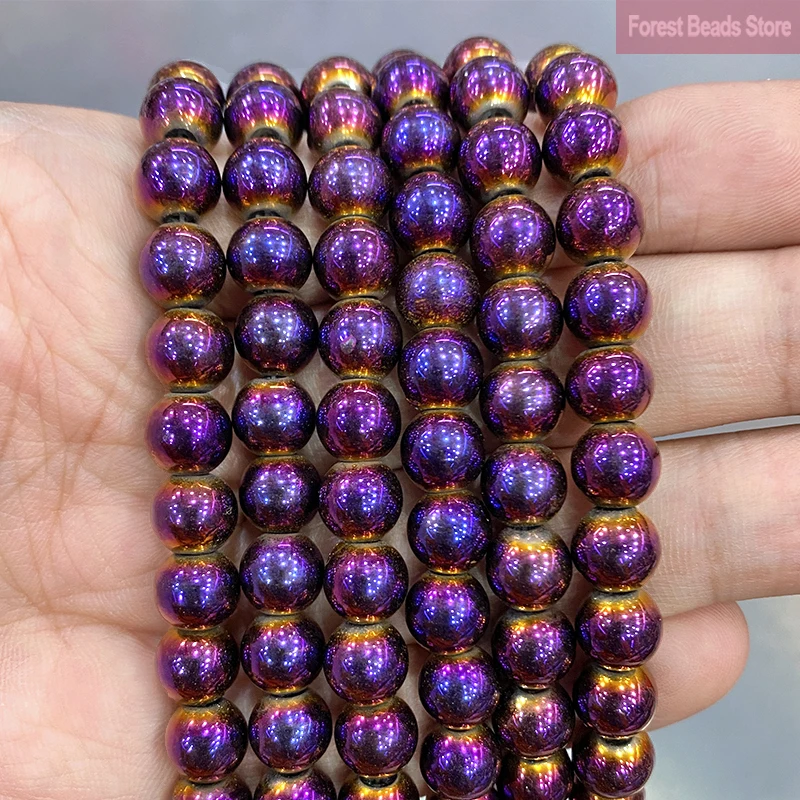 Natural Stone Beads Round Purple Plated Hematite Loose Beads For Jewelry Making DIY Bracelet Accessories 2/3/4/6/8/10/12mm 15\