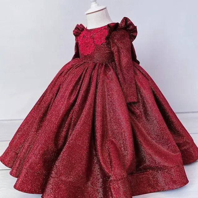 Burgundy Girls Pageant Dresses Long Sleeve Lace Flower Girl Dress For Weddings Children Beaded Princess Birthday Ball Gown