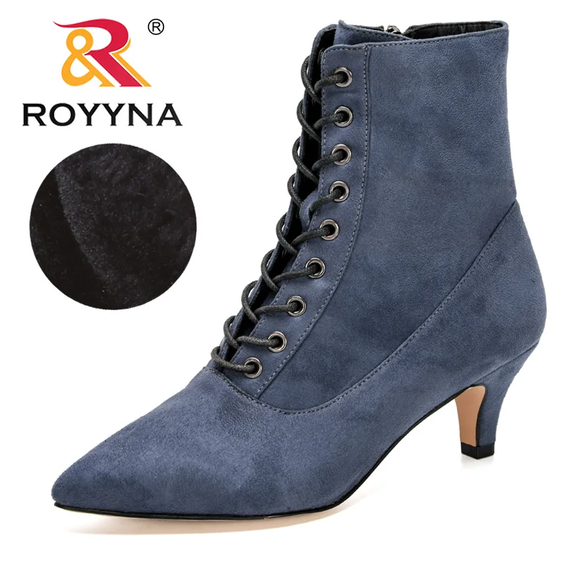 

ROYYNA 2020 New Style Ankle Boots Women Heels Pointed Toe Western Boots Ladies High Top Flock Short Plush Winter Shoes Feminimo