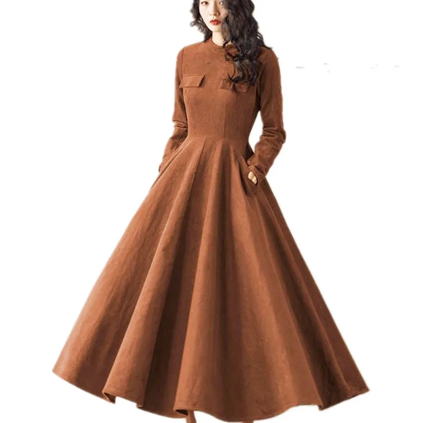 

New autumn vintage Corduroy big swing long dress women slim high waist elegant dress