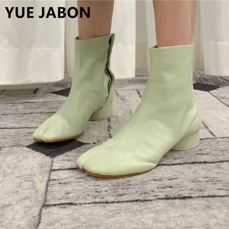 Green Ninja Tabi Boots Female Shoes Women Split Toe Ankle Boots Leather Round Heels Shoes Short Woman Boots Short Heels Blue