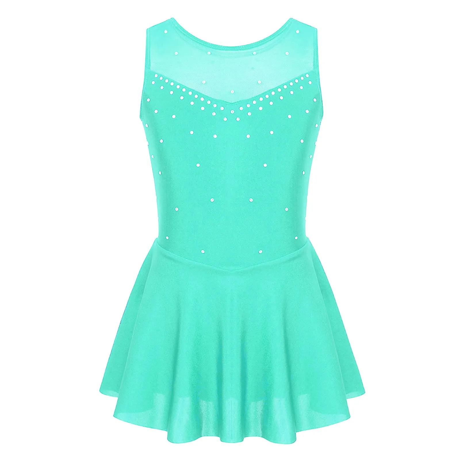 Kids Girls Latin Dance Sleeveless Sparkly Rhinestone Tulle Back Figure Ice Skating Roller Skating Ballet Dance Leotard Dress