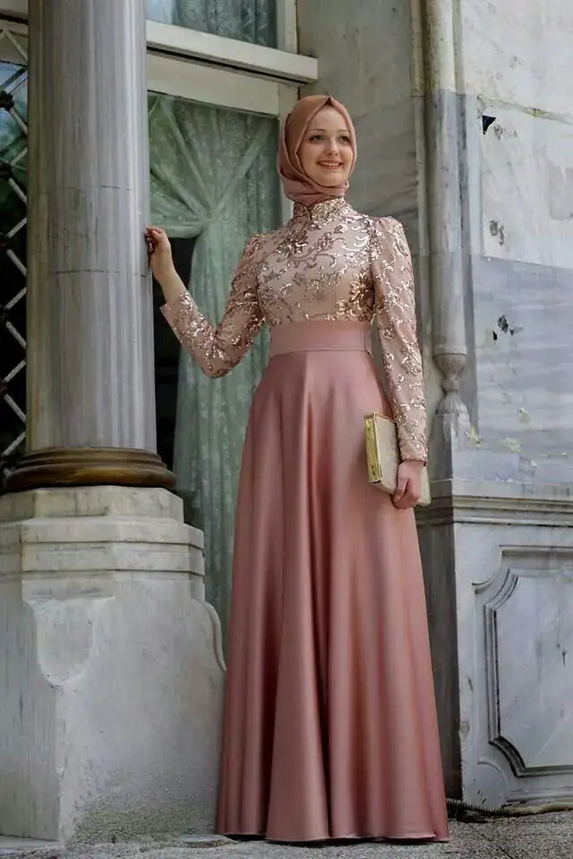 Soiree Hijab Cao Cổ Một Dòng Tầng Chiều Dài Áo Dây De Soiree Táo Dài Thanh Lịch Tối Mẹ Của cô Dâu Đầm