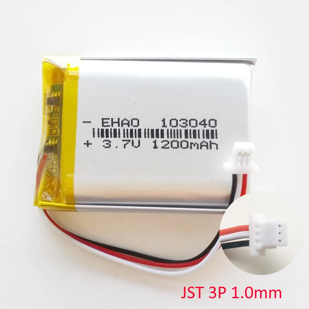 3.7V 1200mAh Lipo Polymer Lithium Rechargeable Battery + JST 1.0mm 3pin Plug For MP3 GPS DVD Recorder Headset Camera 103040