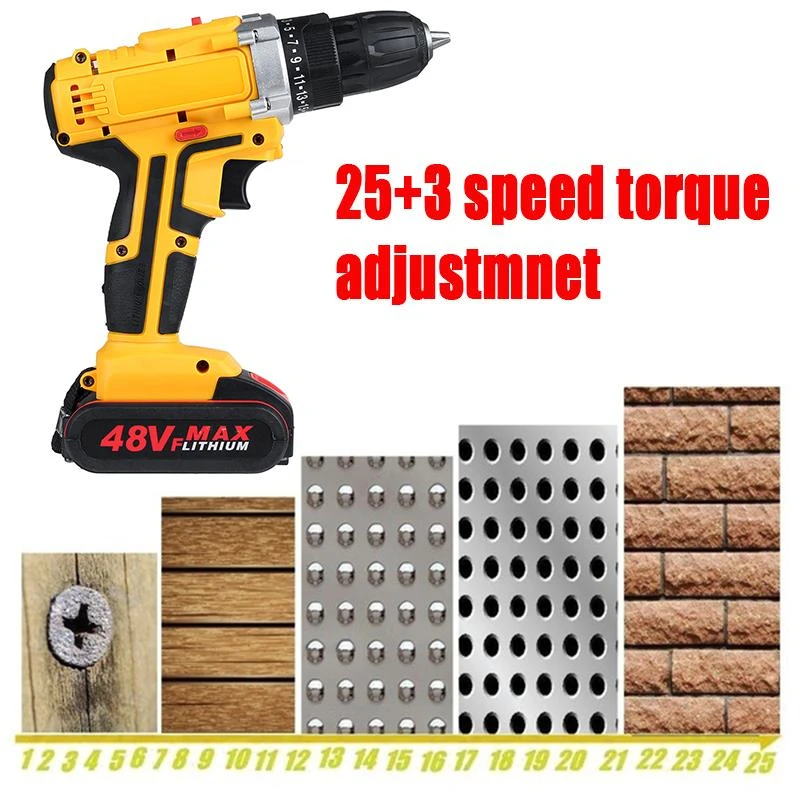 48V 1500W Electric Drill Rechargeable Cordless LED Light Multifunctional Household Electric Wrench Power Adapter + Battery EU