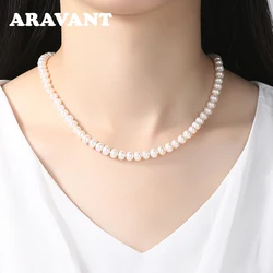 Aravant 925 Silver 8MM Freshwater Pearl Necklace Chain For Women Fashion Jewelry