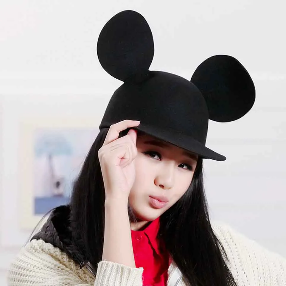 Women\'s Fedoras Hats Spring Autumn Winter Fashion Warm Imitation Wool Felt Hat With Mouse Ears Retro Cute Bowler Cap For Ladies