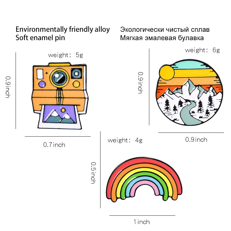 Rainbow sunset Mountains retro polaroid camera film tape creative brooch cartoon pin pendant fixed clothes bag accessories badge