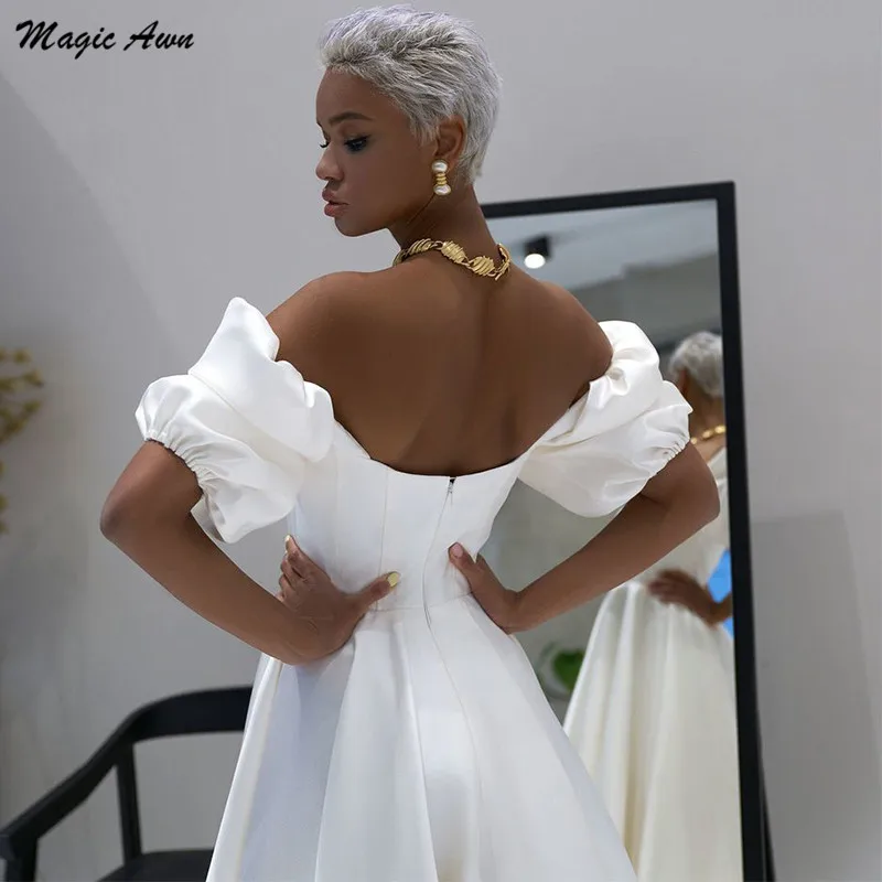 Magic awn-vestidos de casamento vintage de cetim, manga bufante curta, linha a, vestidos de festa de casamento simples