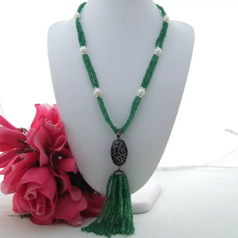 

25" Pearl Green Jade CZ Pendant Necklace
