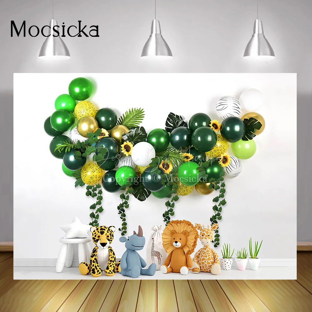 

Jungle Green Balloons Portrait Background Photoshoot Animals Toys Baby Birthday Photo Backdrop Cake Smash Photography Studio