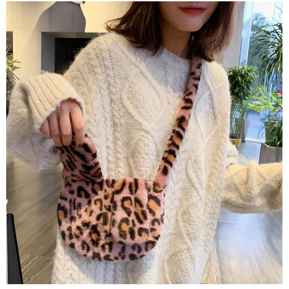 Leopard Print Faux Fur Women Shoulder Bag With Rabbit Ears Soft Winter Cute Plush Hand Bags For Women Fluffy Crossbody Bag Sac