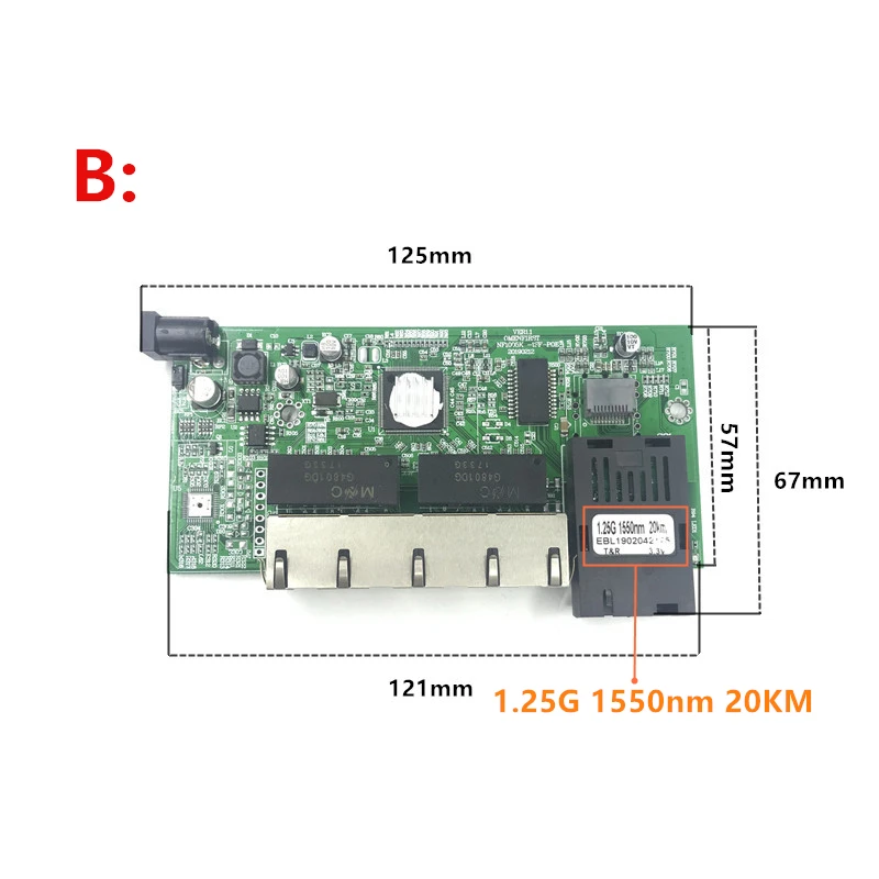 逆poe 10/100/1000 1000mギガビットイーサネットスイッチ繊維光学シングルモード4 RJ45と2 sc繊維Motherboard1.25G 20キロ