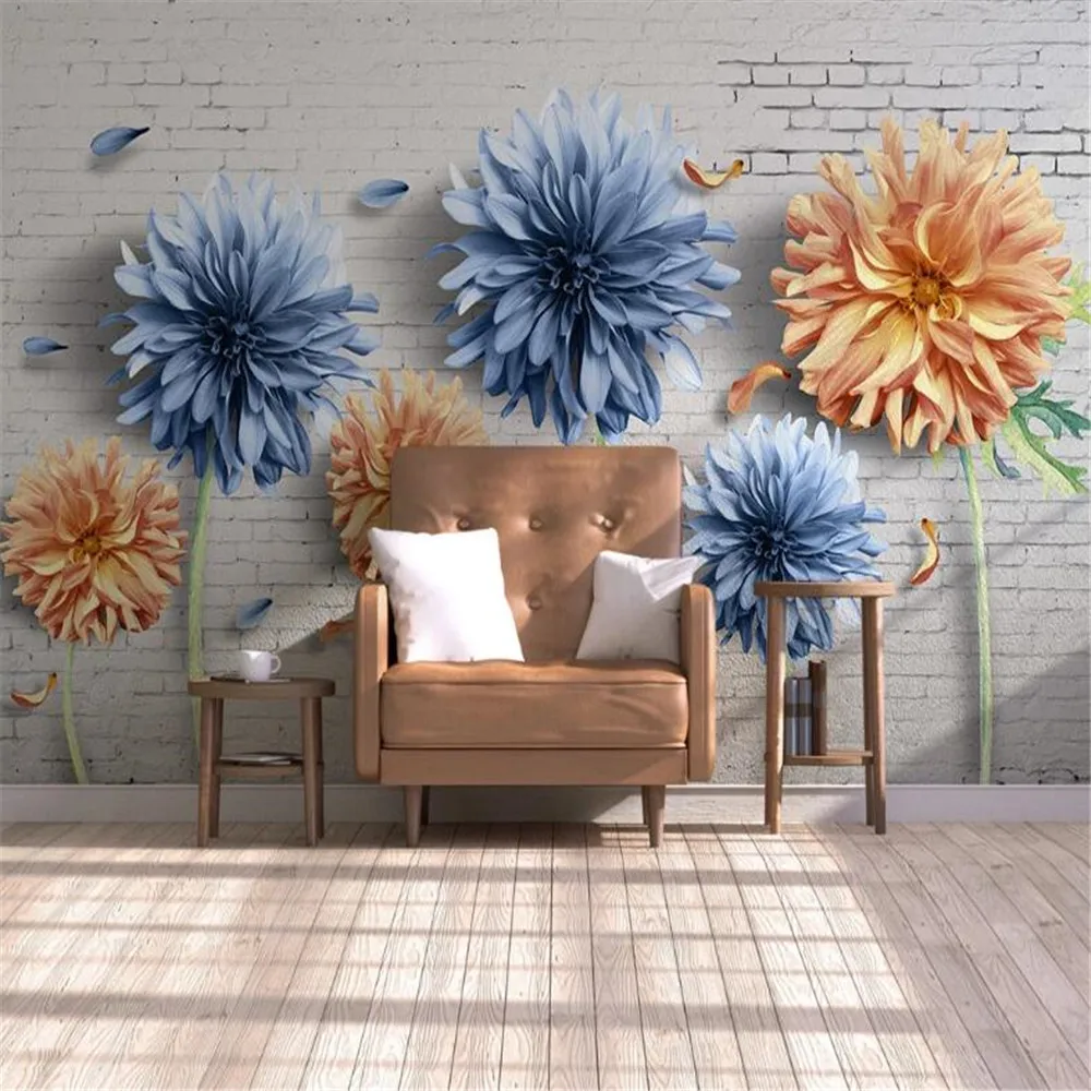 Milofi custom personality wallpaper wall covering simple chrysanthemum brick wall nostalgic floral TV background wall painting