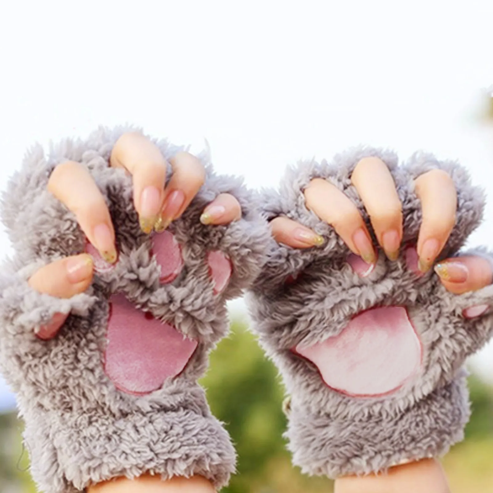 Girls Lovely Winter Warm Fingerless Gloves Fluffy Bear Cat Plush Paw Claw Half Finger Plush Gloves Mittens New Women Ski Glovees