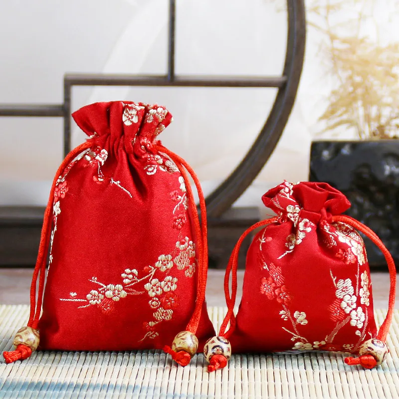 Satin Embroidered Gift Bag Drawstring Silk Storage Pouch For Necklace Bracelet Beads Jewelry Packaging Bags Christmas/Wedding