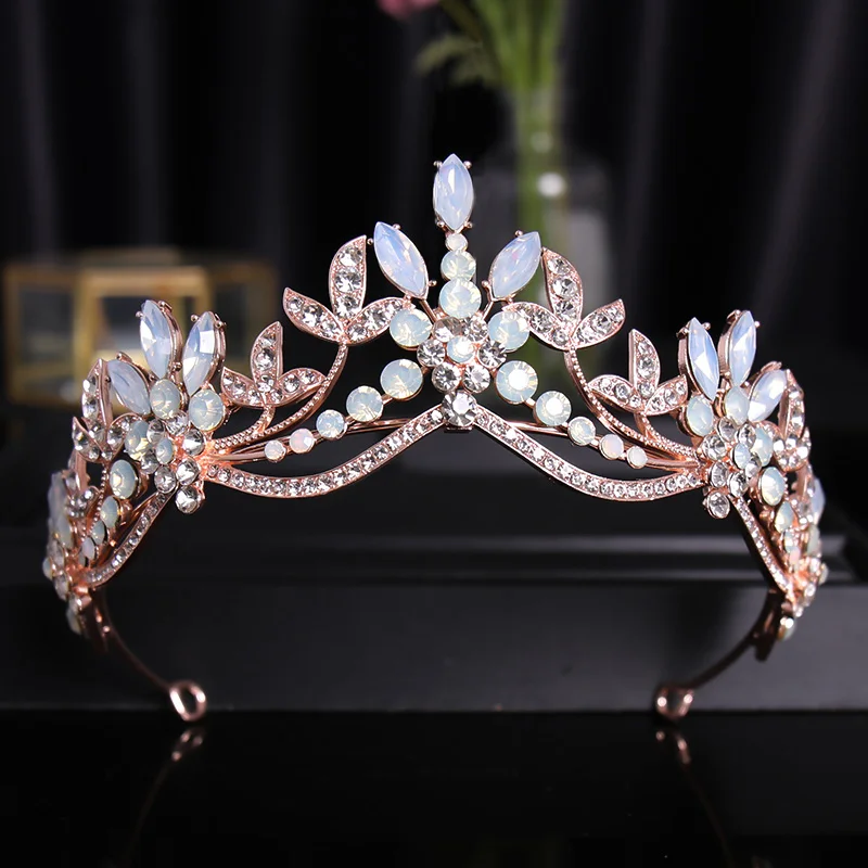 Baroque Luxury Pink Crystal Beads Leaves Bridal Tiaras Crowns Rhinestone Pageant Diadem Bride Headbands Wedding Hair Accessories