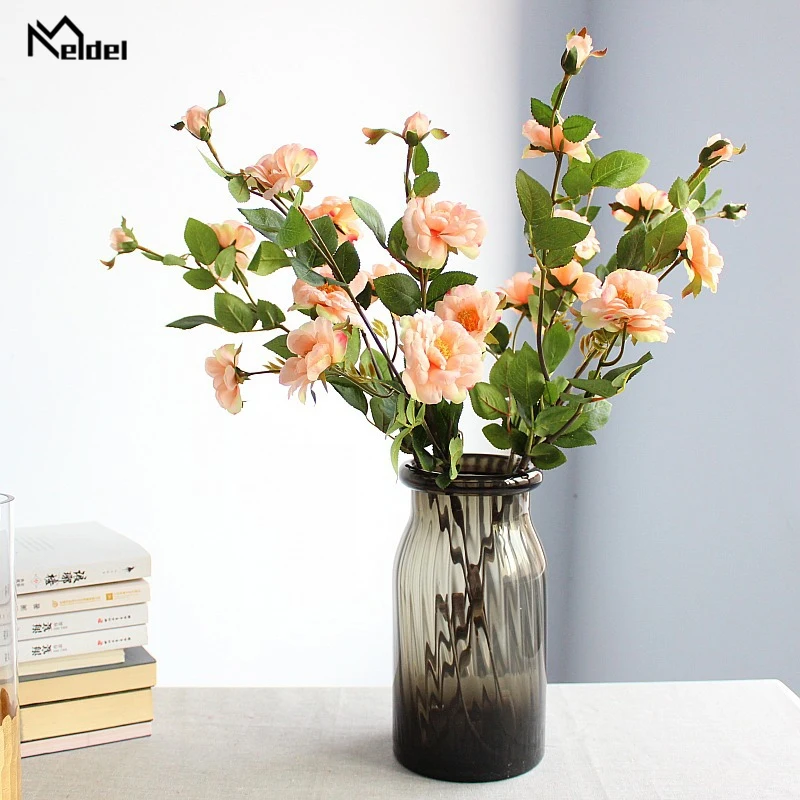 Meldel 7 galhos de flores de rosa chinesas, mini flores de seda falsas para decoração de casa e interior para casamento