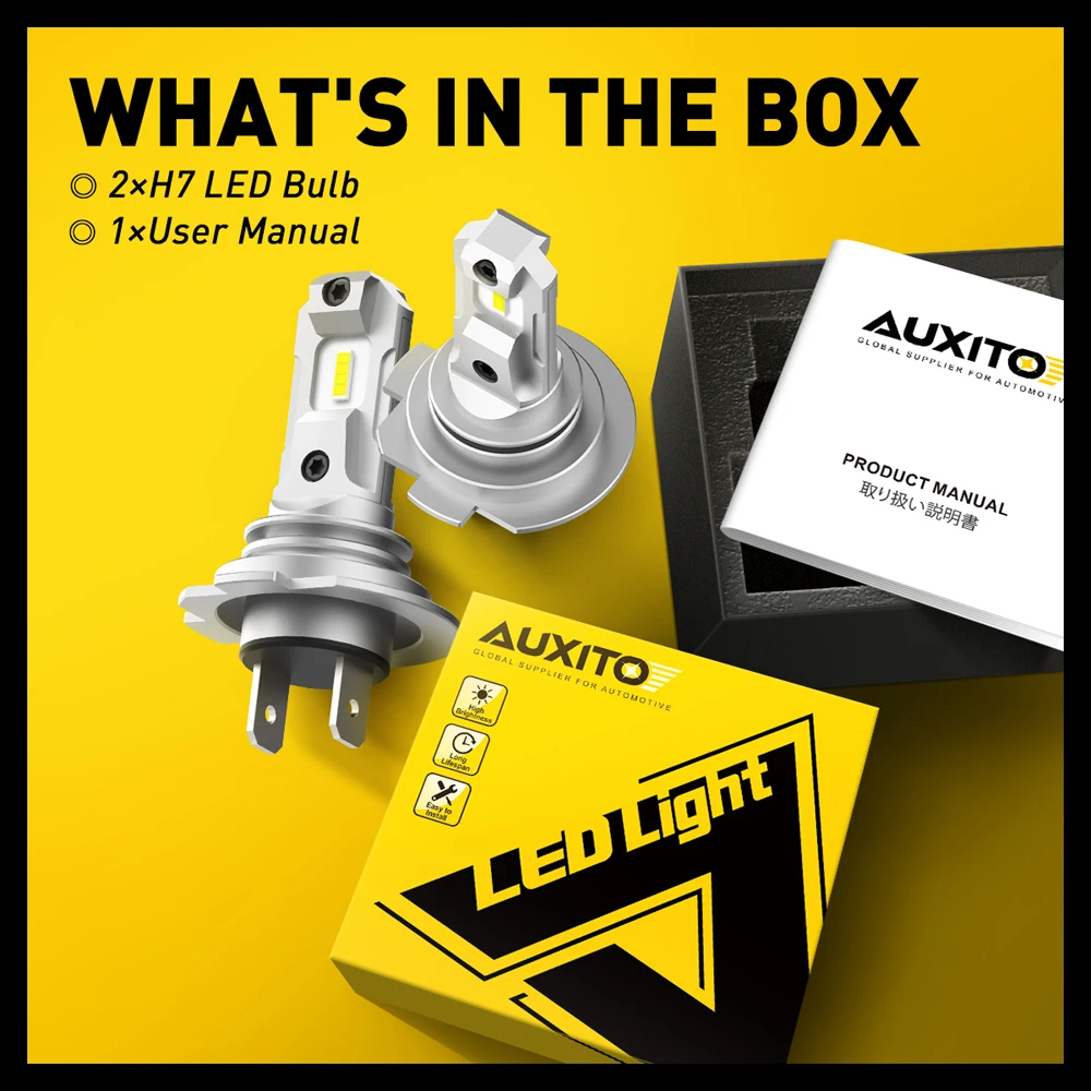 AUXITO 차량용 무선 헤드라이트 전구, 팬리스 H7 LED 조명, 미니 사이즈, 12000LM CSP LED 칩, 6500K 화이트, 12V, 2 개 1:1