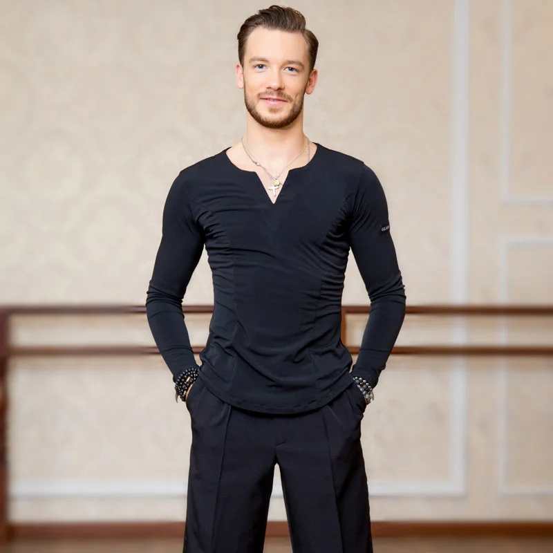 Men\'s Latin Dance Tops Standard Ballroom Dancing Practice Clothes Long Sleeves V-Neck Shirt Samba Waltz Dance T-Shirts DL5233