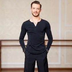 Men's Latin Dance Tops Standard Ballroom Dancing Practice Clothes Long Sleeves V-Neck Shirt Samba Waltz Dance T-Shirts DL5233