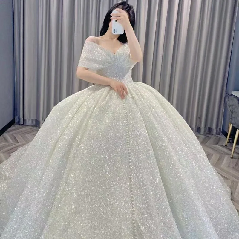 Vestidos de casamento de luxo personalizados com decote em v mangas compridas glitter lantejoulas miçangas vestido de noiva plus size botões 2021 robe de mariee