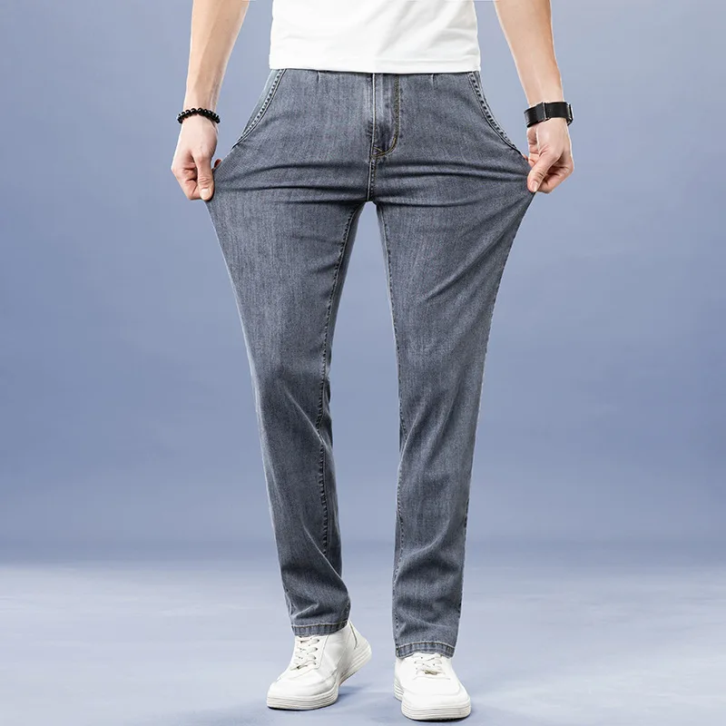 Thin Summer Denim Jeans Men Straight Casual Gray Blue Male Jeans Pants 2021clothing Korea Style Jeans For Male Stretch