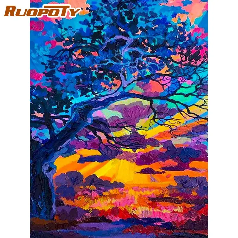 

RUOPOTY DIY Frame Painting By Number Colorful Trees Picture By Numbers Kits Acrylic Paint On Canvas For Home Decors Artcraft 60x