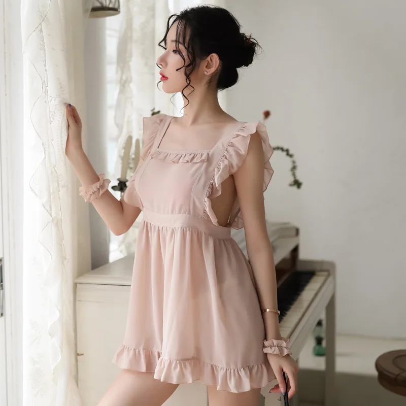 Sexy 3 Color Loose Backless Maid sleepwear Chiffon Sheer Perspective Tie rope Homedress Sexy Nightdress with Panties