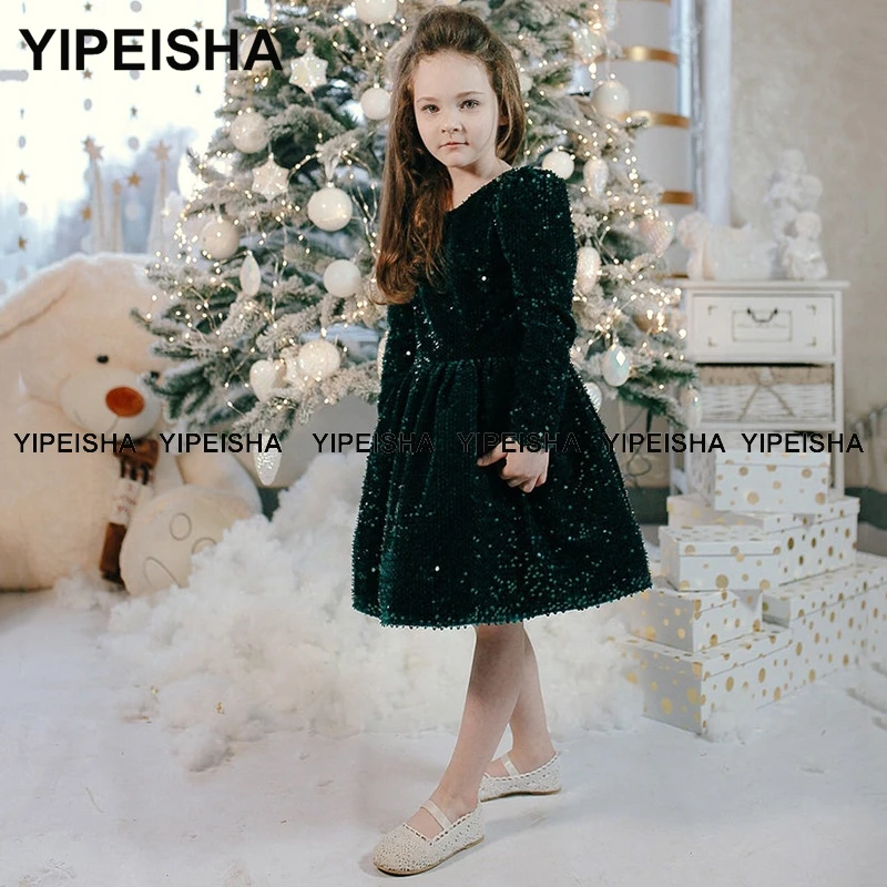 Yipeisha Jewel Lange Mouwen Kids Party Dress Green Sequin Nieuwe Jaar Jurk Knie Lengte Bloem Meisje Jurken Vestidos De Comunión