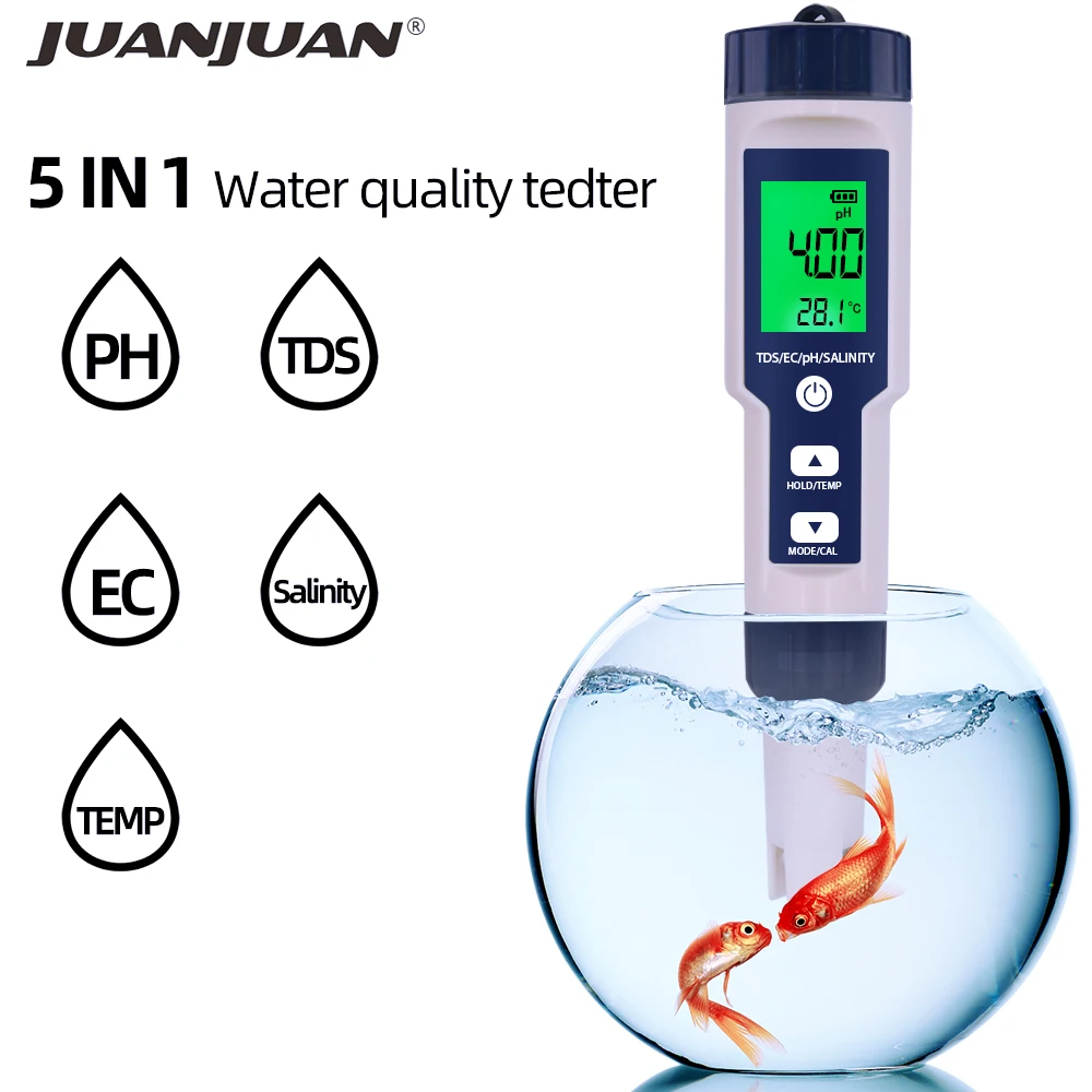 5 IN 1 PH Temperature TDS EC Salinity Meter Waterproof With Automatic Calibration Function Water Quality PH Tester