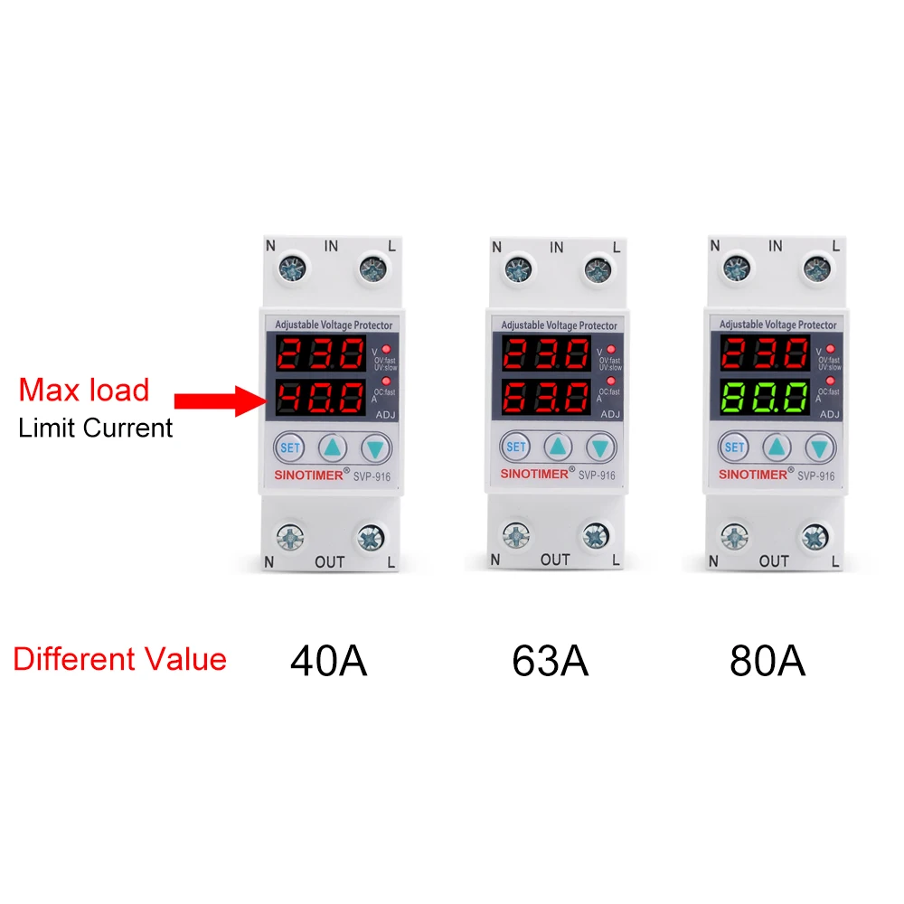 Multiple Current 40A 63A 80A 230V AC Adjustable Voltage Protector Auto Recover Over Under Voltage Limit Current Protection Relay