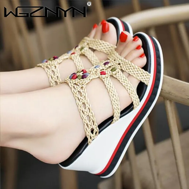 2023 Fashion Flip Flops Women Shoes beads Slippers Platform Summer Shoes Open Toe Wedges Sandals Ladies weaving Shoes Women