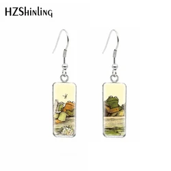 Rectangle Hook Earrings Glass Cabochon Frog and Toad Pattern Stainless Steel Earrings Jewelry